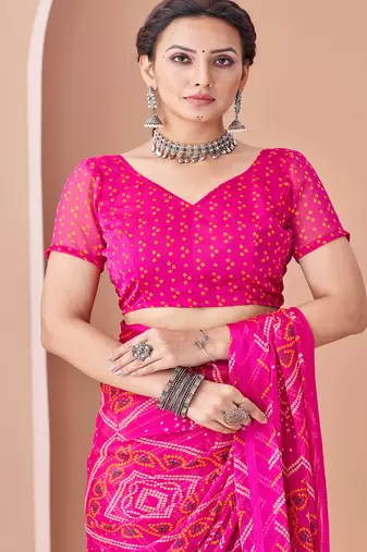 magenta chiffon bandhani geometric printed saree with blouse 