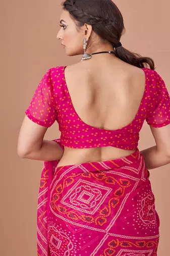 magenta chiffon bandhani geometric printed saree with blouse 