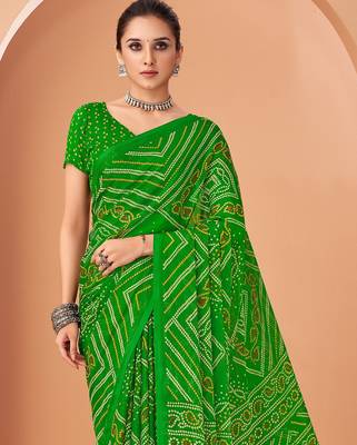 light green chiffon bandhani geometric printed saree with blouse  2