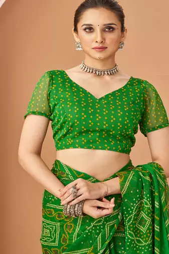 light green chiffon bandhani geometric printed saree with blouse 