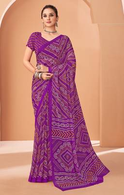 purple chiffon bandhani geometric printed saree with blouse  1