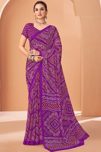 purple chiffon bandhani geometric printed saree with blouse 