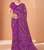 purple chiffon bandhani geometric printed saree with blouse 