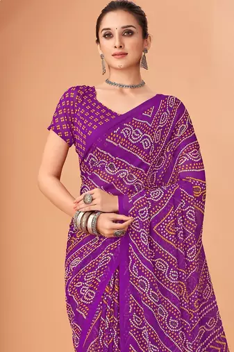 purple chiffon bandhani geometric printed saree with blouse 