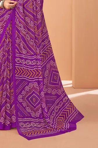 purple chiffon bandhani geometric printed saree with blouse 