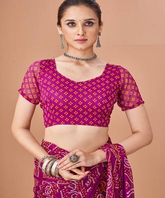 purple chiffon bandhani geometric printed saree with blouse  4