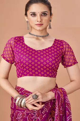 purple chiffon bandhani geometric printed saree with blouse 