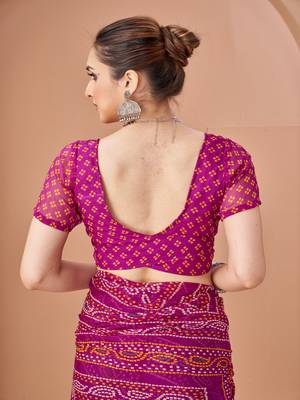 purple chiffon bandhani geometric printed saree with blouse  5