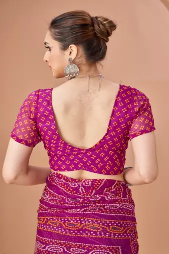 purple chiffon bandhani geometric printed saree with blouse 