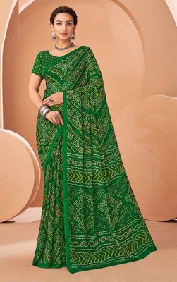 dark green chiffon bandhani geometric printed saree with blouse  1