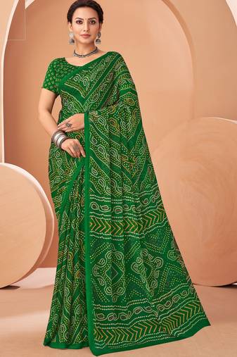 dark green chiffon bandhani geometric printed saree with blouse 