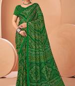 dark green chiffon bandhani geometric printed saree with blouse 