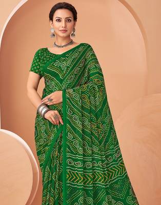 dark green chiffon bandhani geometric printed saree with blouse  2