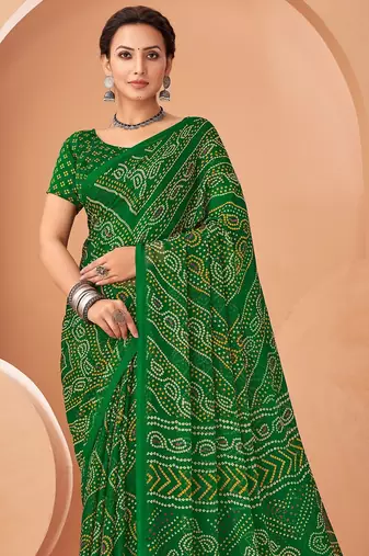 dark green chiffon bandhani geometric printed saree with blouse 