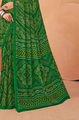 dark green chiffon bandhani geometric printed saree with blouse 