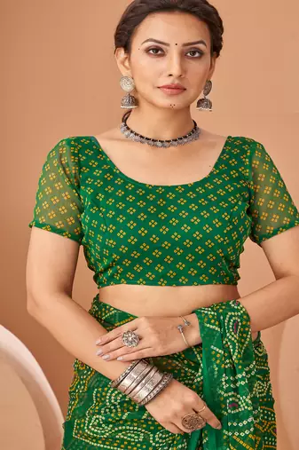 dark green chiffon bandhani geometric printed saree with blouse 