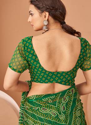 dark green chiffon bandhani geometric printed saree with blouse  5
