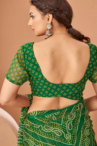 dark green chiffon bandhani geometric printed saree with blouse 