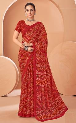 red chiffon bandhani geometric printed saree with blouse  1