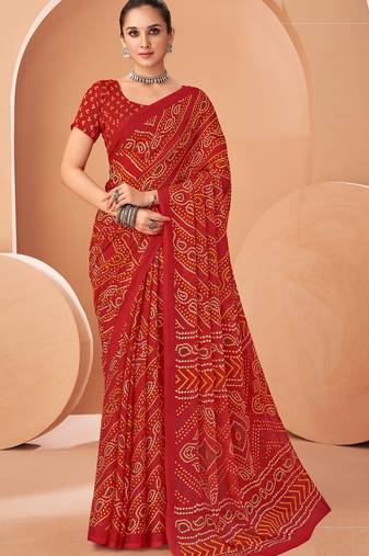 red chiffon bandhani geometric printed saree with blouse 