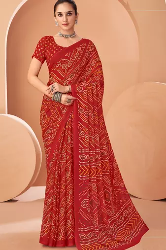 red chiffon bandhani geometric printed saree with blouse 
