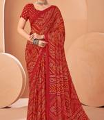 red chiffon bandhani geometric printed saree with blouse 