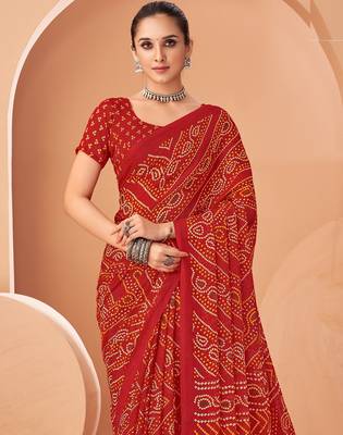 red chiffon bandhani geometric printed saree with blouse  2