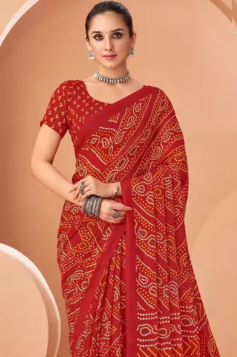 red chiffon bandhani geometric printed saree with blouse 