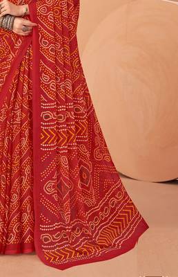 red chiffon bandhani geometric printed saree with blouse  3