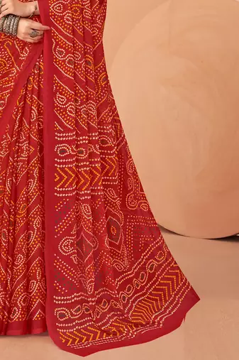 red chiffon bandhani geometric printed saree with blouse 