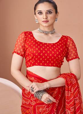 red chiffon bandhani geometric printed saree with blouse  4
