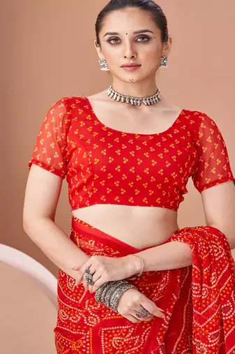 red chiffon bandhani geometric printed saree with blouse 
