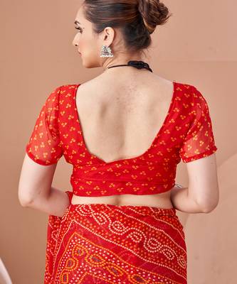 red chiffon bandhani geometric printed saree with blouse  5