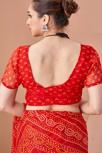 red chiffon bandhani geometric printed saree with blouse 