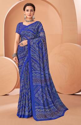 blue chiffon bandhani geometric printed saree with blouse  1