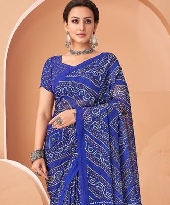 blue chiffon bandhani geometric printed saree with blouse  2