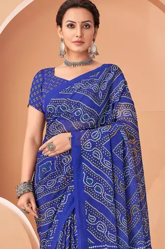 blue chiffon bandhani geometric printed saree with blouse 