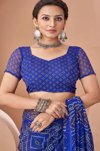 blue chiffon bandhani geometric printed saree with blouse 