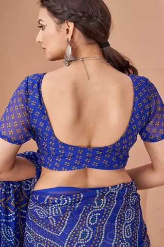 blue chiffon bandhani geometric printed saree with blouse 