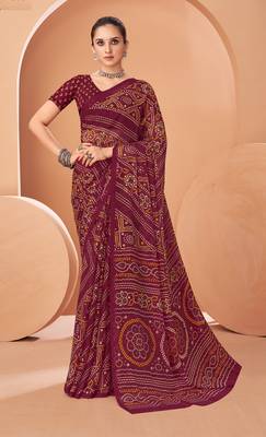 wine chiffon bandhani geometric printed saree with blouse  1
