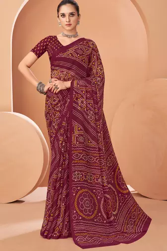 wine chiffon bandhani geometric printed saree with blouse 