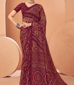 wine chiffon bandhani geometric printed saree with blouse 