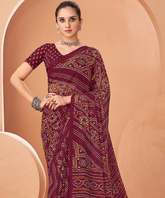 wine chiffon bandhani geometric printed saree with blouse  2