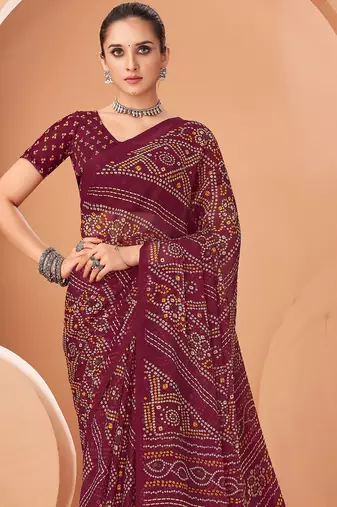 wine chiffon bandhani geometric printed saree with blouse 