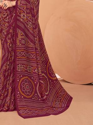 wine chiffon bandhani geometric printed saree with blouse  3