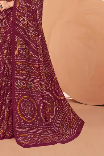 wine chiffon bandhani geometric printed saree with blouse 