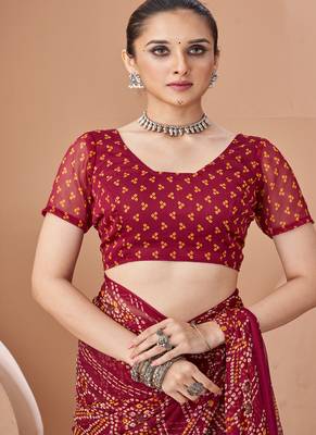 wine chiffon bandhani geometric printed saree with blouse  4