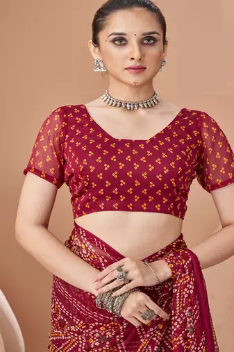 wine chiffon bandhani geometric printed saree with blouse 