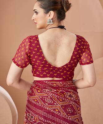 wine chiffon bandhani geometric printed saree with blouse  5