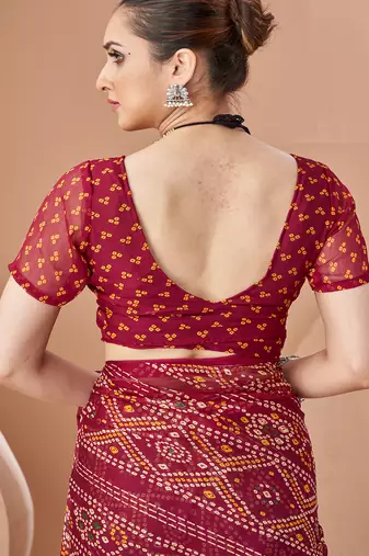 wine chiffon bandhani geometric printed saree with blouse 